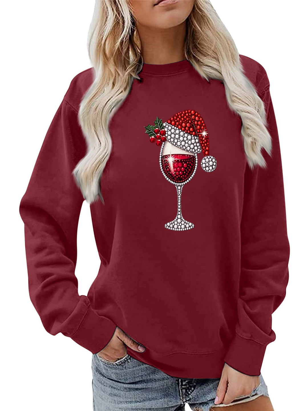 Damen Sweatshirt mit weichem Innenfutter und festlichem Weinmotiv Drune