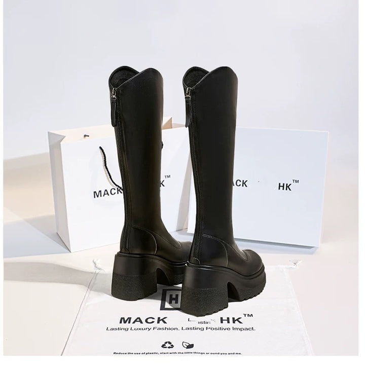 Damen modische Overknee-Stiefel mit robustem Blockabsatz und flexiblem Sohlenprofil Drune