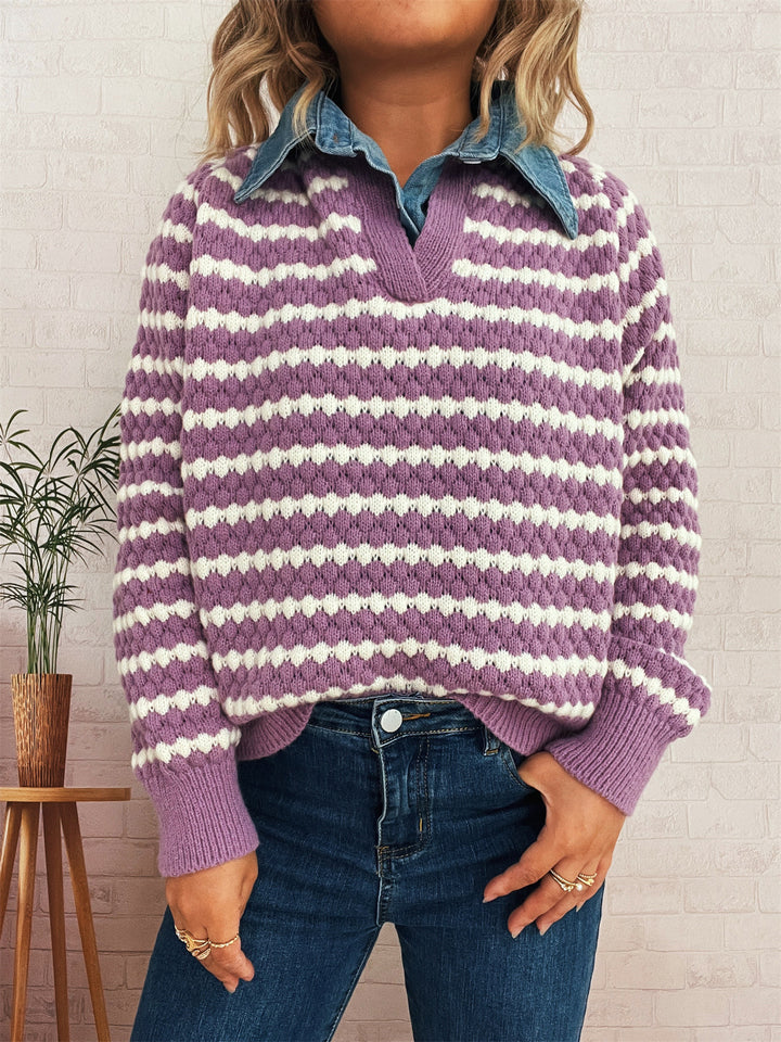 Damen Strickpullover mit tiefem V-Ausschnitt und markantem Streifenmuster Drune
