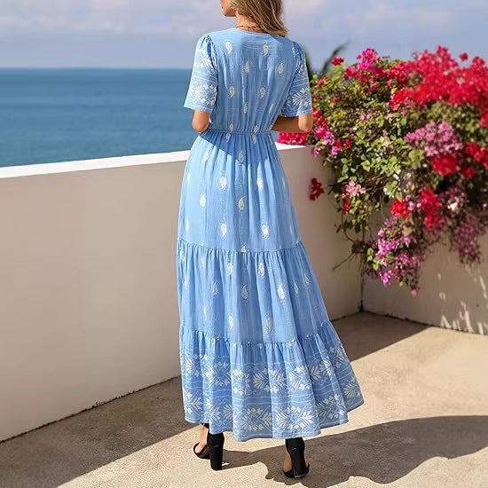 Damen Boho Maxikleid mit floralen Prints und Taillengürtel Drune
