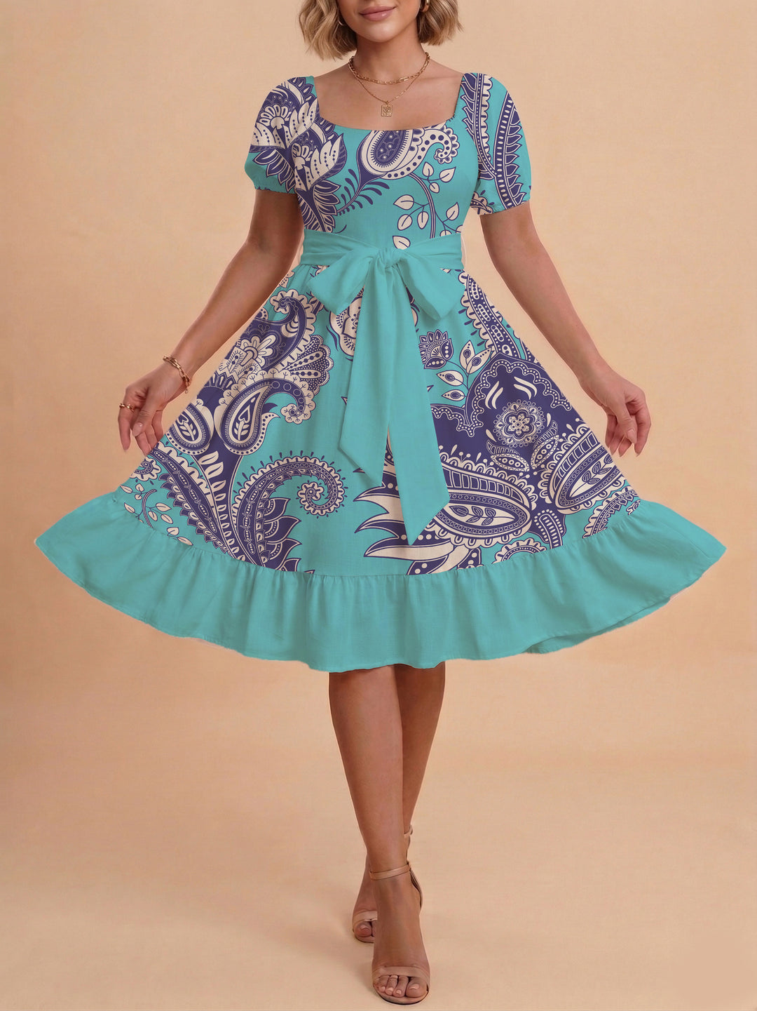 Damen elegantes Maxikleid mit floralem Design und Taillengürtel Drune