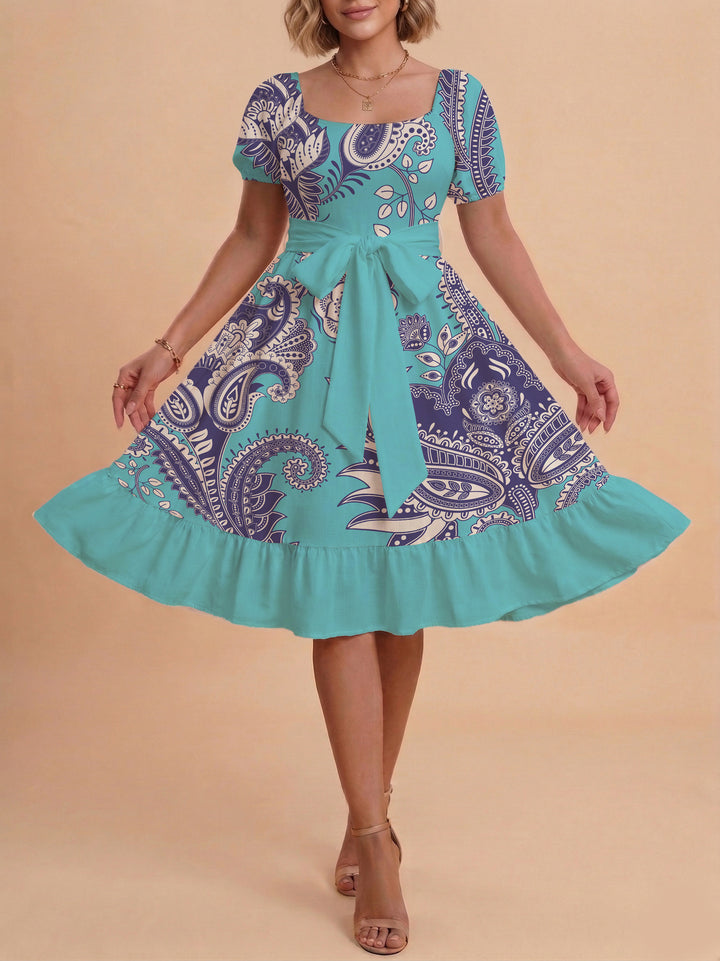 Damen elegantes Maxikleid mit floralem Design und Taillengürtel Drune