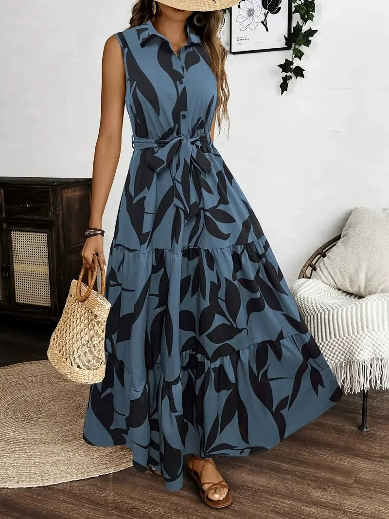Damen Maxikleid mit Blätterdruck Drune