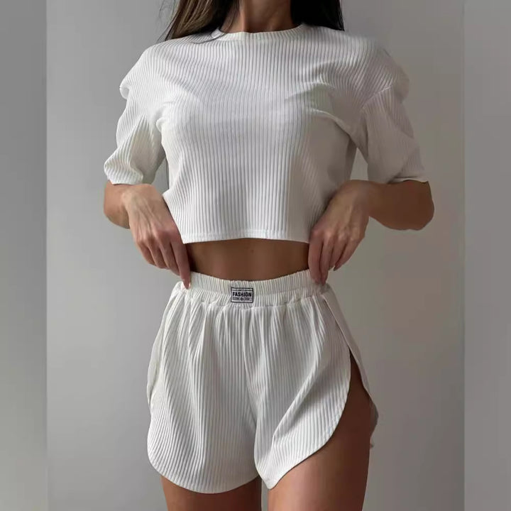 Damen lässiges Short-Pyjama-Set aus atmungsaktiver Rippstruktur Drune
