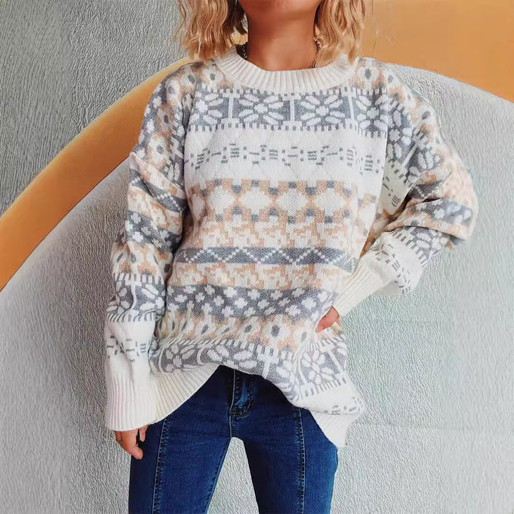Damen bequemer Pullover mit traditionellem Norweger-Muster und lässigem Schnitt Drune