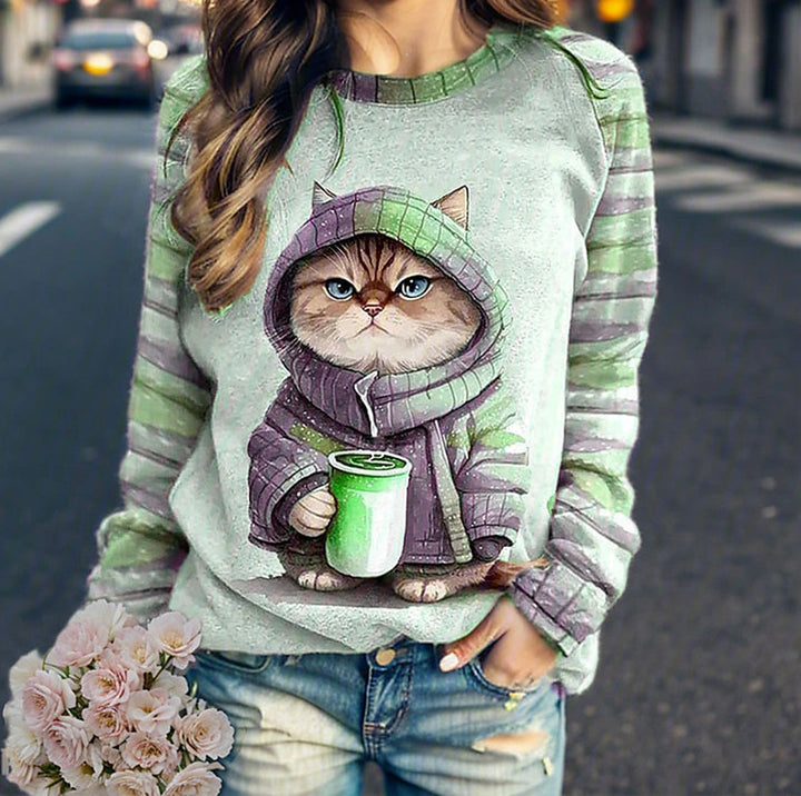Damen Sweatshirt mit Katzenmotiv Drune