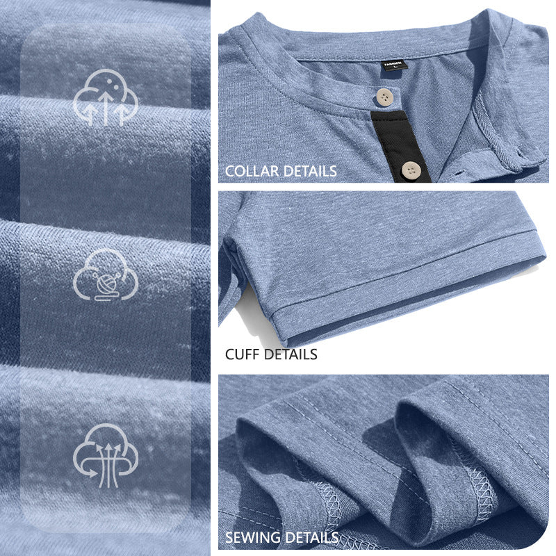 Herren nan strukturiertes Baumwoll-Henleyshirt mit kurzem Stehkragen Knopfleiste und Brusttasche Drune