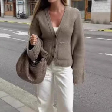 Damen Strickjacke mit voluminösen Ärmeln und praktischen Taschen Drune