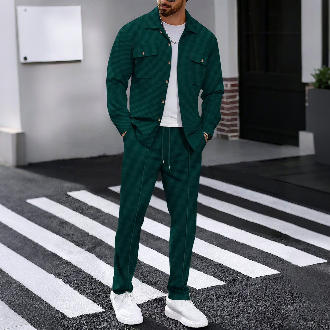 Herren modisches Freizeitanzug Set mit strukturiertem Hemd und bequemer Hose Drune