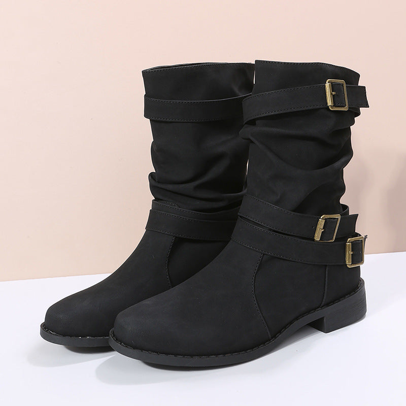 Damen nan lässige knöchelhohe Stiefelette mit gerafftem Schaft, dekorativen Schnallenriemen und flexibler Profilsohle Drune