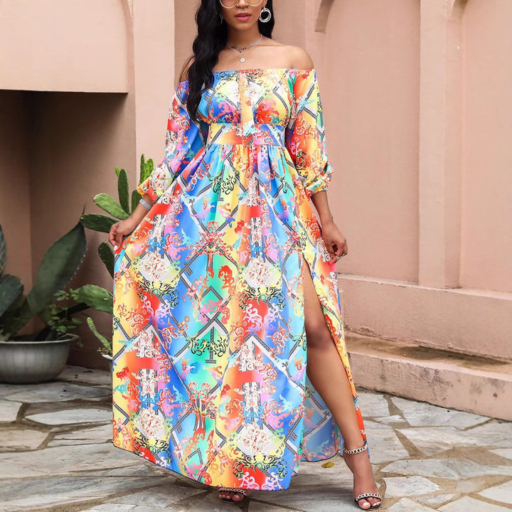 Damen Maxikleid mit schulterfreiem Design und elegantem Print Drune