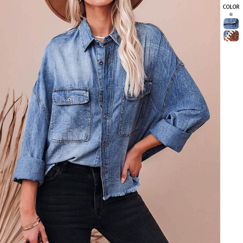 Damen Lässige Denim-Hemdjacke mit fransigen Bündchen und praktischen Taschen Drune
