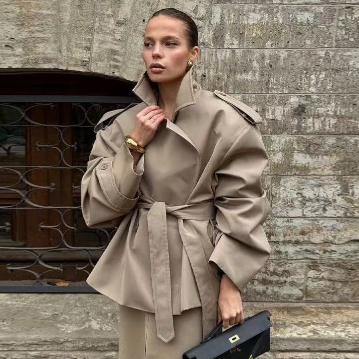Damen nan kurze Trenchcoat-Jacke mit Taillengürtel und Doppelreiher Drune