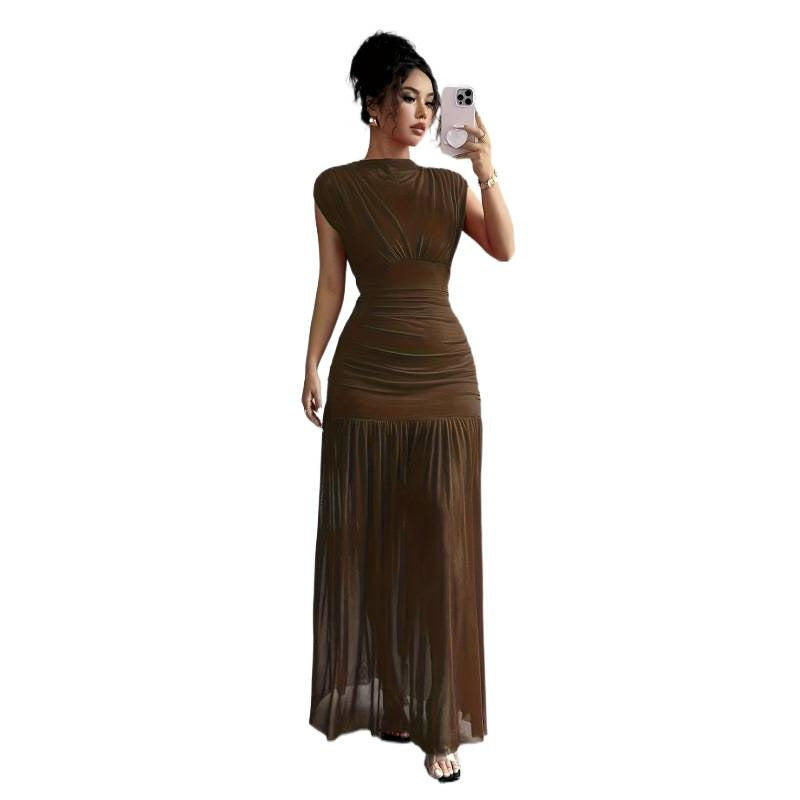 Damen Elegantes Maxikleid mit raffiniertem Drapée und transparentem Rock Drune