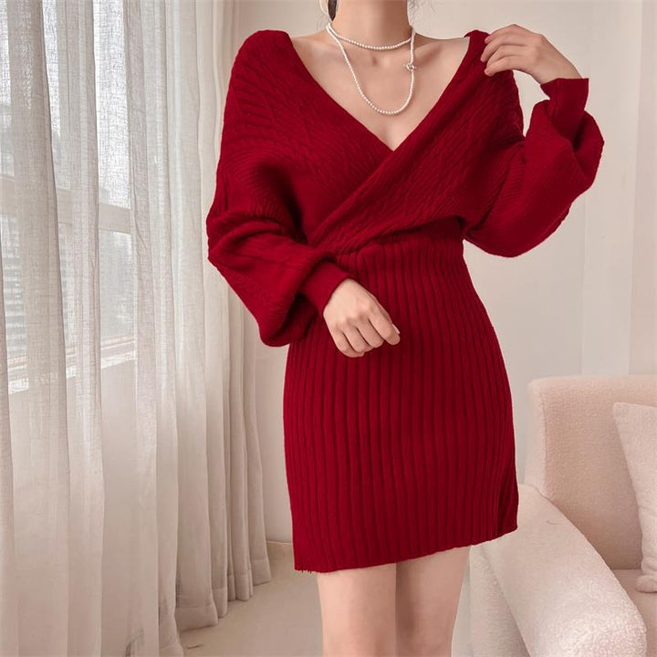 Damen Elegantes Strickkleid mit V-Ausschnitt und strukturiertem Oberteil Drune