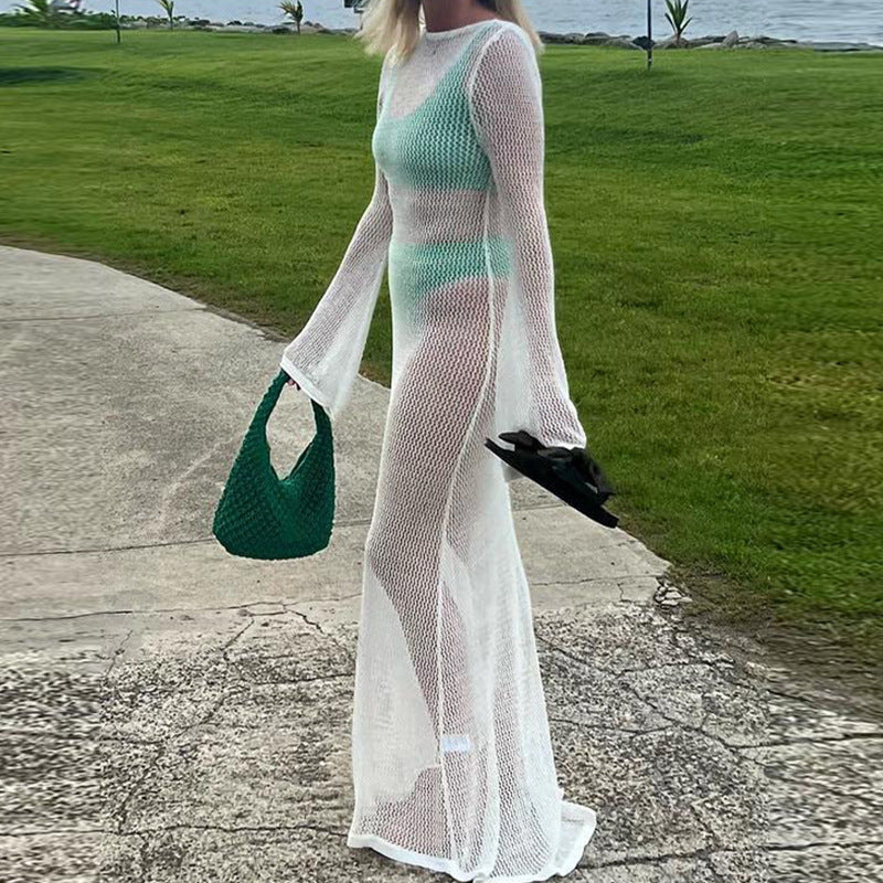 Damen Häkel-Strandmaxikleid mit weitem Schnitt und eleganten Glockenärmeln Drune