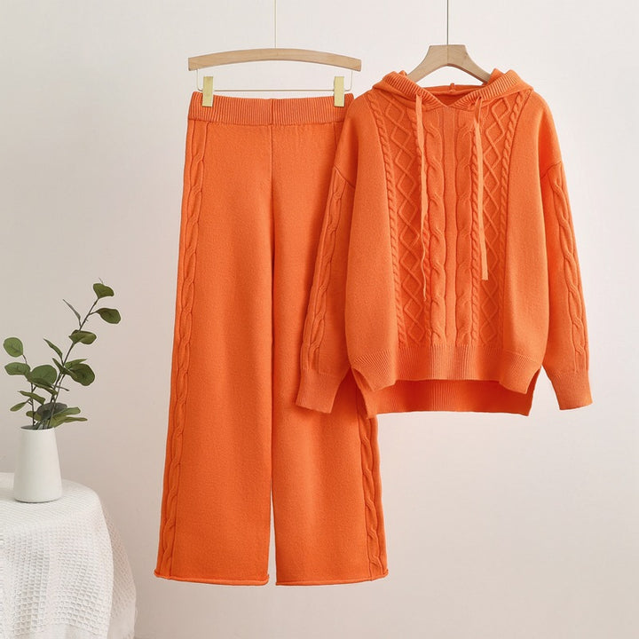 Damen lässiges Strick-Loungewear-Set mit Kapuze und breiten Beinen Drune
