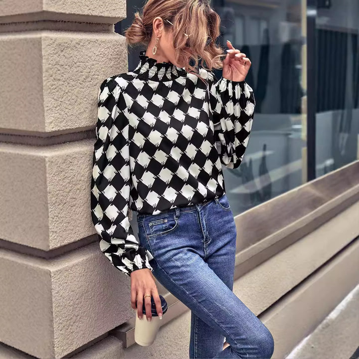 Damen elegante Bluse mit hochgeschlossenem Kragen und grafischem Muster Drune