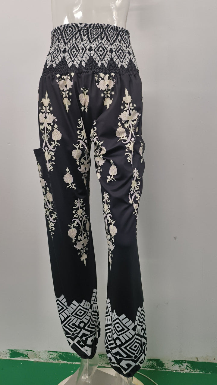 Damen weite Palazzo-Hose mit buntem Paisleymuster und elastischem Bund Drune