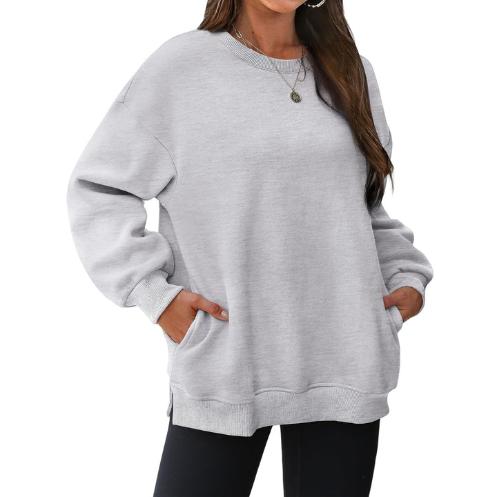 Damen nan verlängertes Oversize Rundhalspullover mit seitlichen Eingrifftaschen, Rippbündchen und überschnittener Schulter Drune