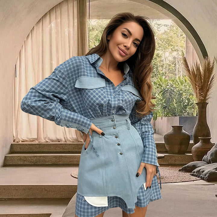 Damen Karo Hemdbluse mit Jeansrock und artisanalem Schnitt Drune