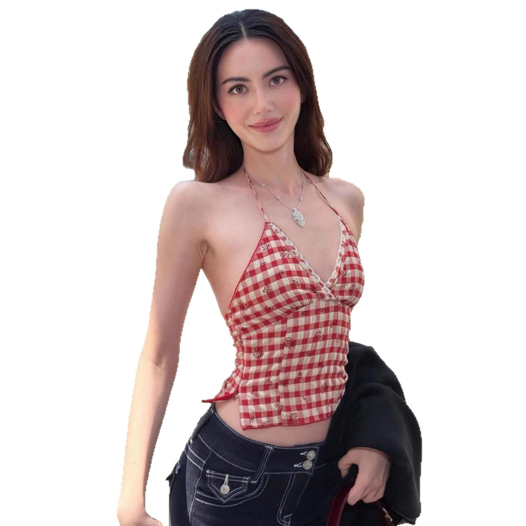 Damen Karo-Bikini-Oberteil im Vintage-Stil mit Spaghettiträgern und zusätzlichem Blumenmuster Drune