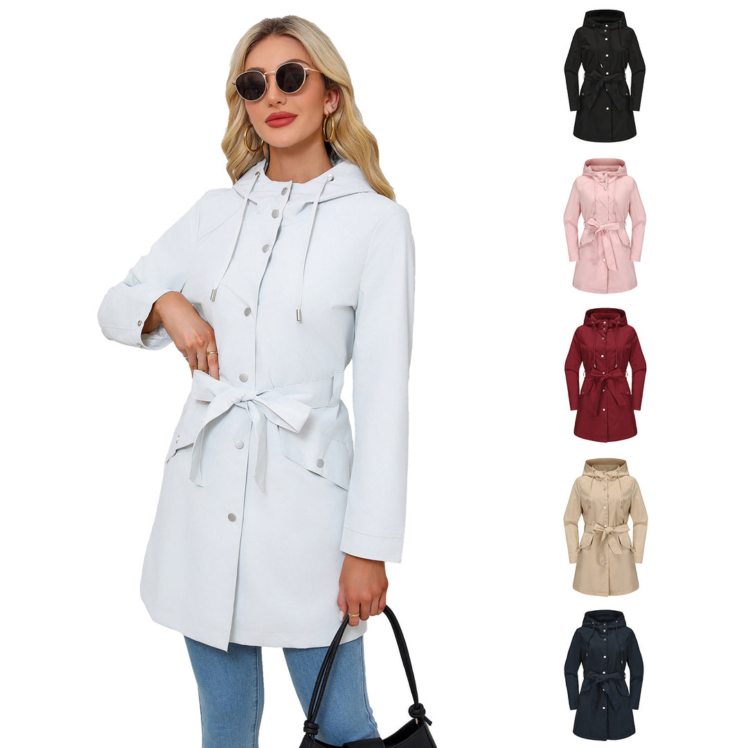 Damen wasserfeste Übergangsjacke mit verstellbarem Kapuzenkragen und Taillengürtel Drune