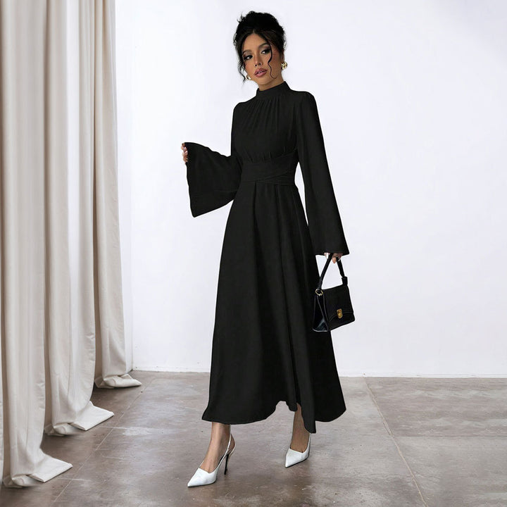 Damen Elegantes Maxikleid mit schwingenden Ärmeln und Hohem Kragen Drune