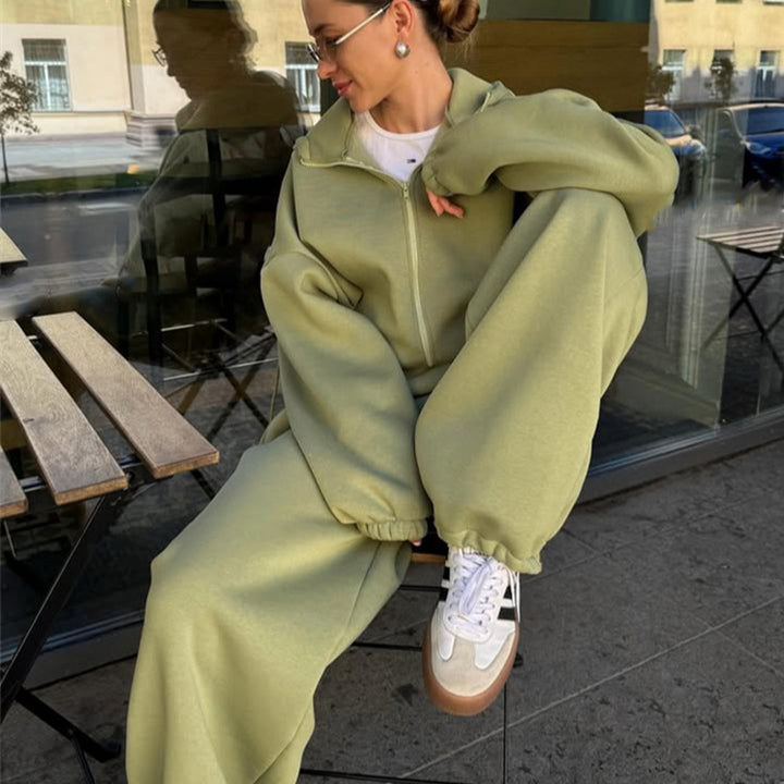 Damen lässiges Fleece-Set mit Reißverschluss und elastischem Bund Drune