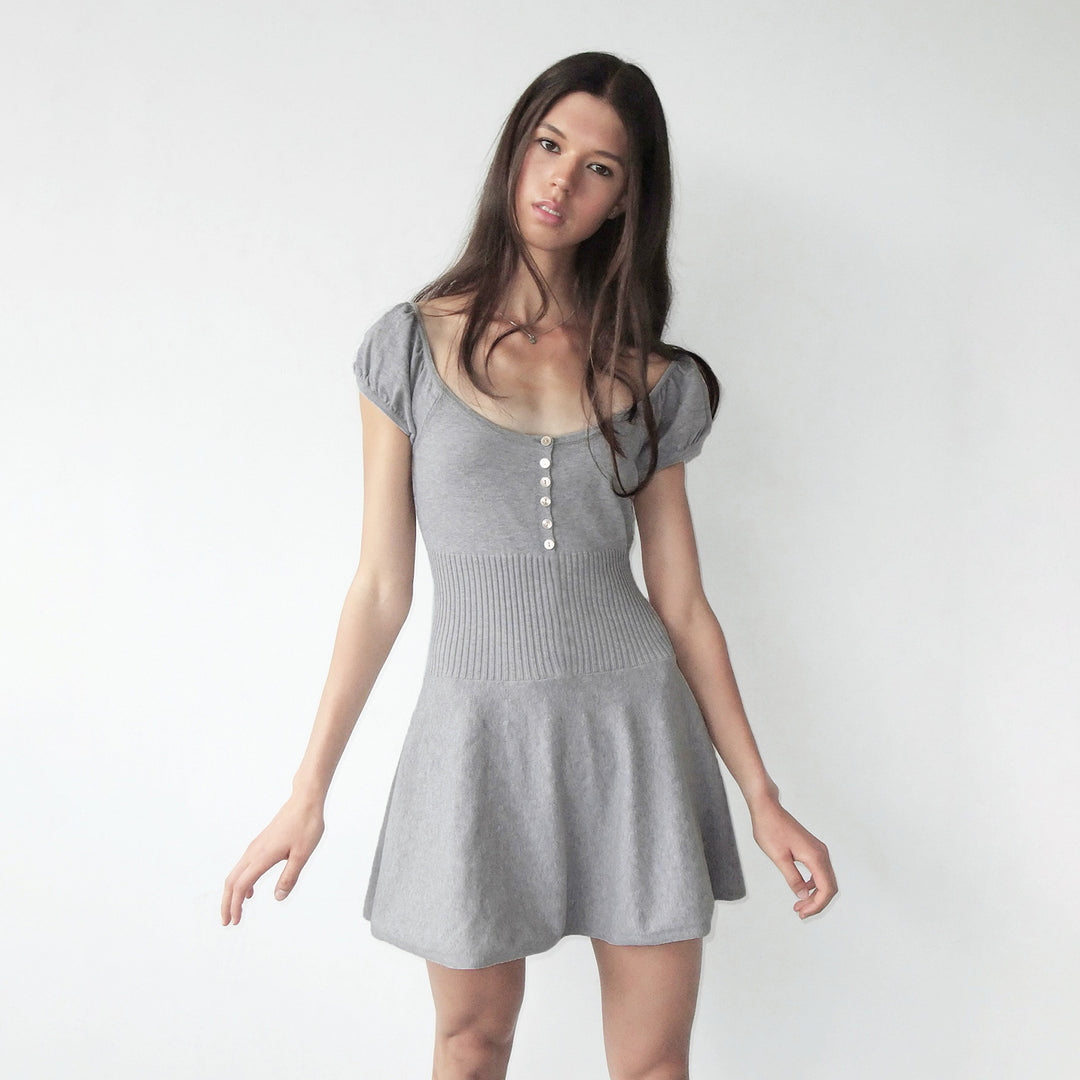 Damen elegantes Kleid mit Puffärmeln und Knopfleiste Drune
