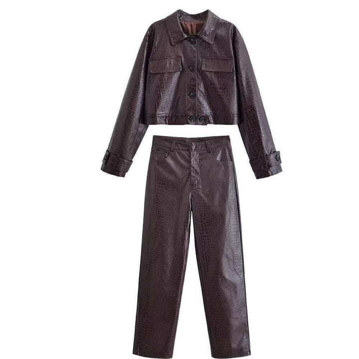 Damen nan gerade geschnittene Kunstlederhose mit Krokoprägung und hoher Taille Drune