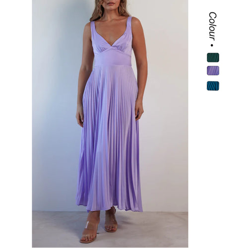 Damen Plissiertes Maxikleid mit V-Ausschnitt und schwingendem Rock Drune