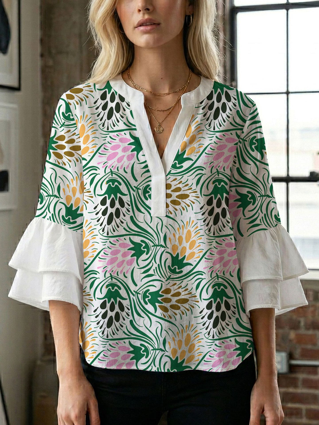 Damen Blusenshirt mit voluminösen Ärmeln und kreativem Druckdesign Drune