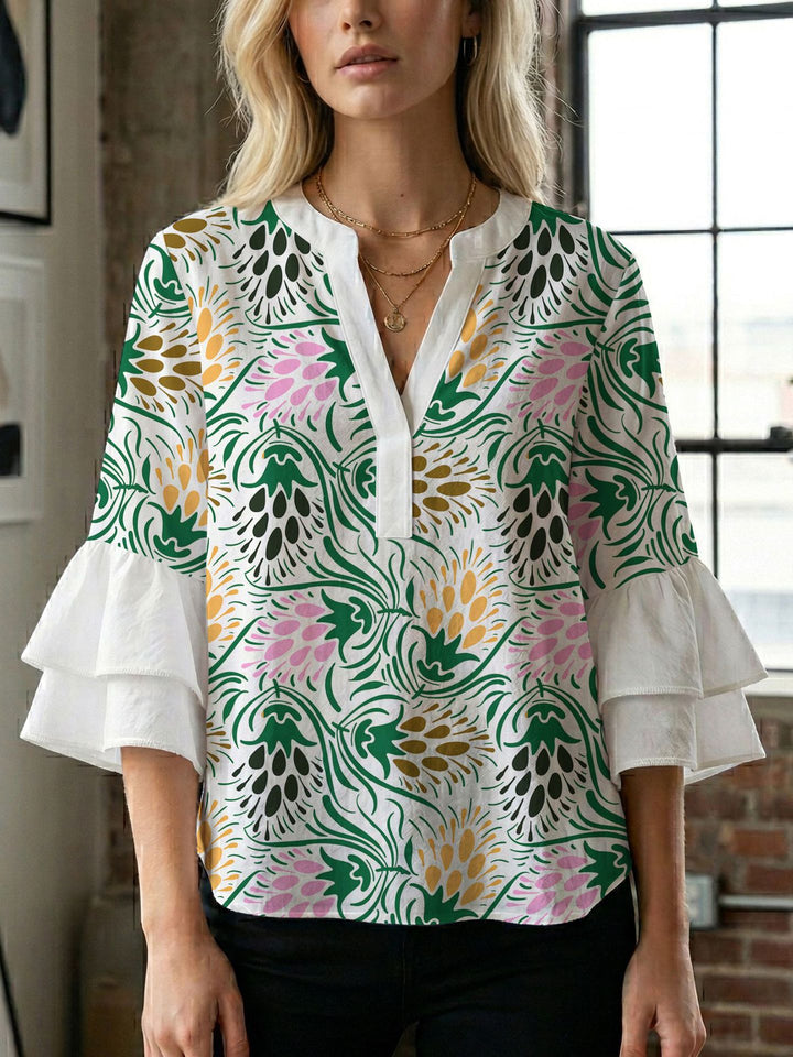 Damen Blusenshirt mit voluminösen Ärmeln und kreativem Druckdesign Drune