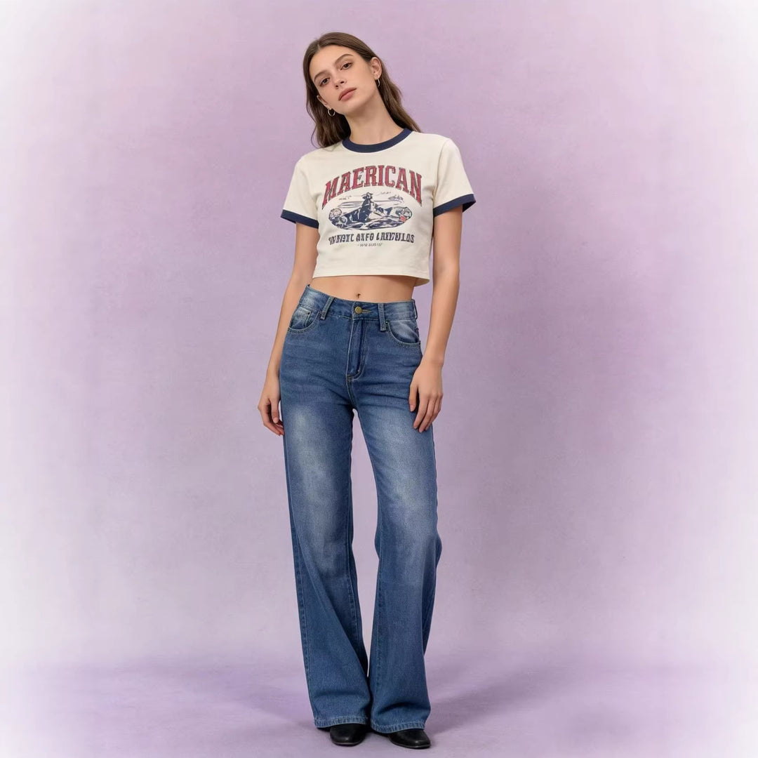 Damen nan hochgeschnittene Jeans mit schmaler Hüftpassform und weitem Schlag im Retro-Stil Drune