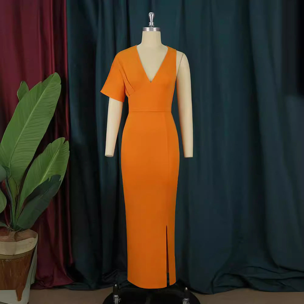 Damen figurbetontes Maxikleid mit tiefem V-Ausschnitt und elegantem Schlitz Drune