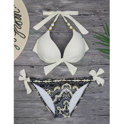 Damen Triangel-Bikini mit modischen Perlendetails und verspielten Bindebändern Drune