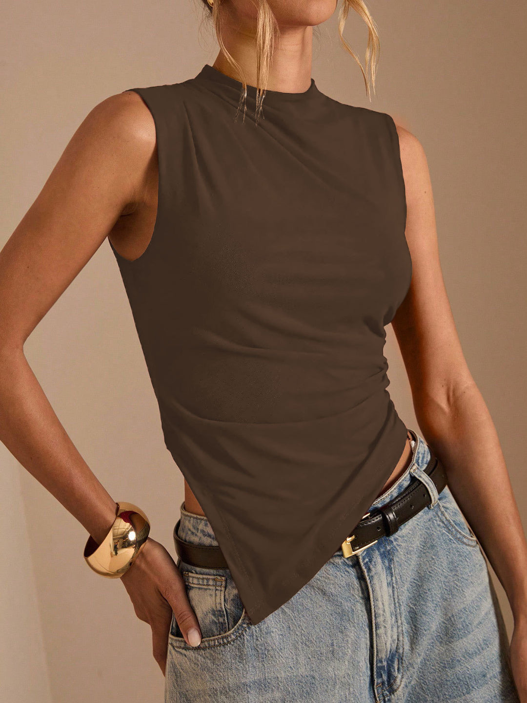 Damen Elegantes asymmetrisches Oberteil mit hohem Kragen und Drapierung Drune