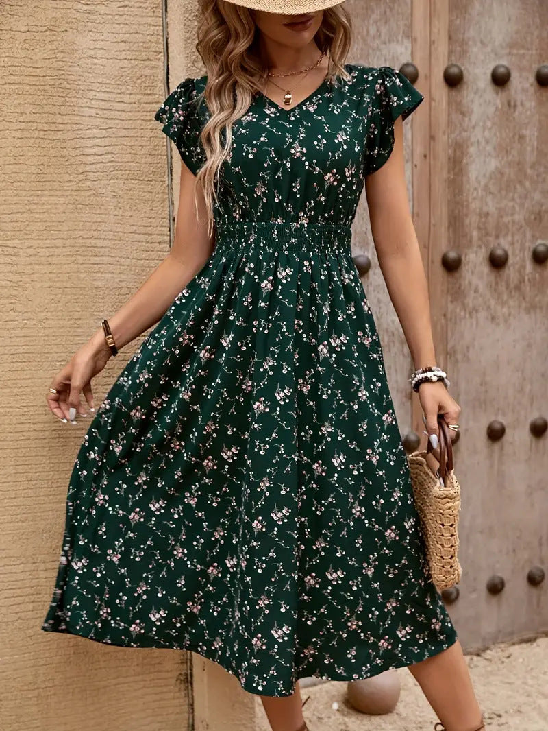 Damen Midikleid mit elastischem Tailleneinsatz und Rüschenärmeln Drune