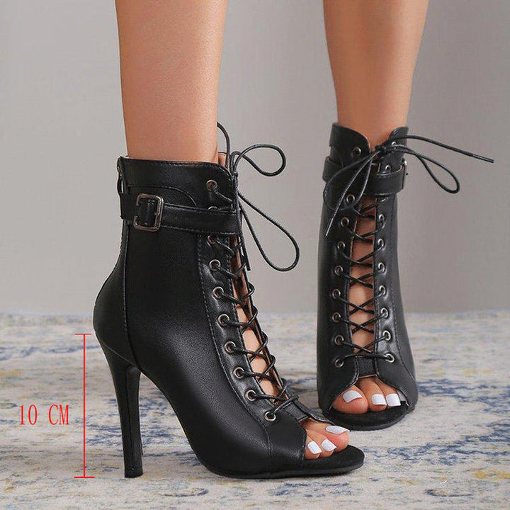 Damen Schnürstiefeletten mit offenem Zehenbereich und hohem Absatz Drune