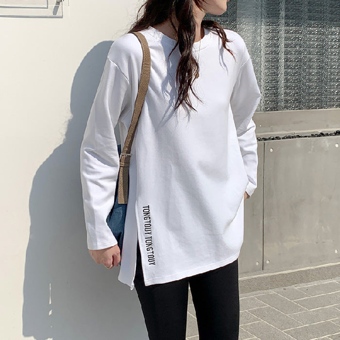 Damen lässiges Langarmshirt mit asymmetrischem Schnitt und modernen Schriftzug Drune