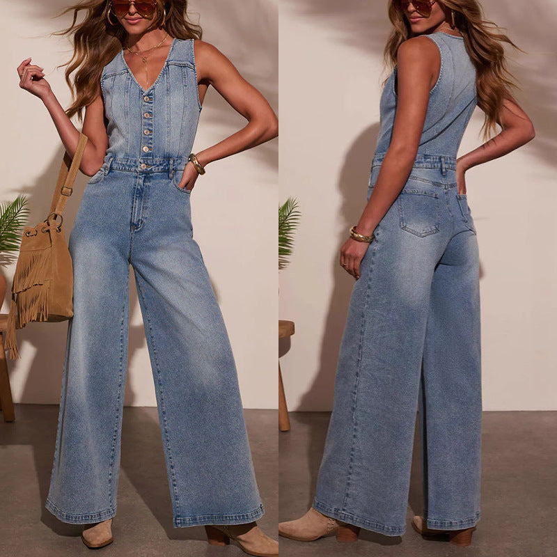 Damen Weitgeschnittene Denim-Latzhose mit Knopfdetails und regulierbarem Bund Drune