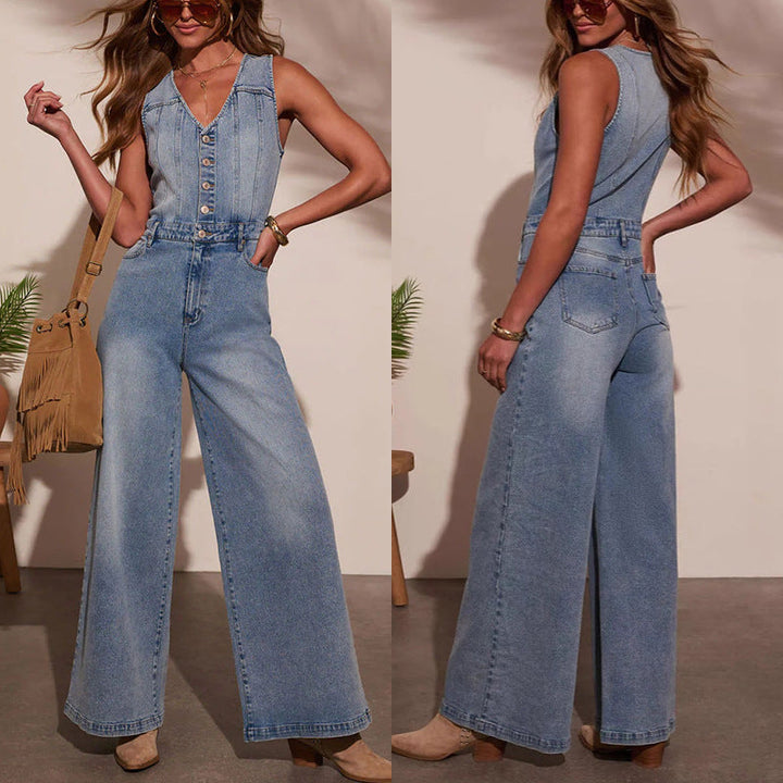 Damen Weitgeschnittene Denim-Latzhose mit Knopfdetails und regulierbarem Bund Drune
