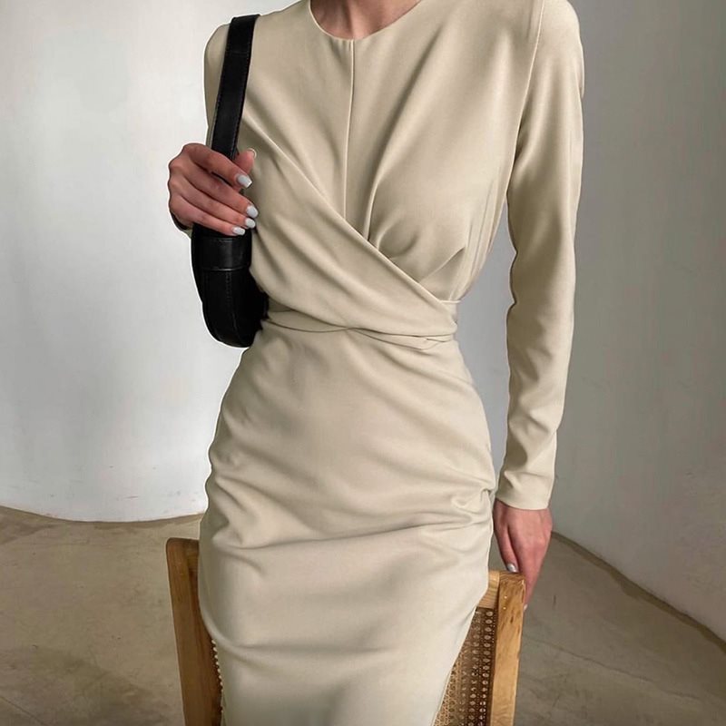 Damen Elegantes Wickelkleid mit Langarm und figurbetontem Schnitt Drune
