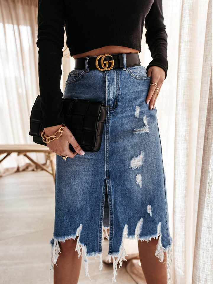 Damen Midirock im modernen Vintage-Design mit lässigem Used-Look und Fransenabschluss Drune