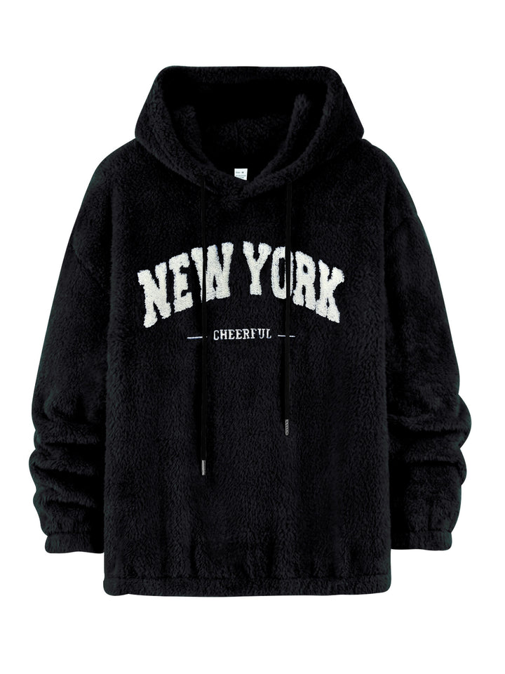 Unisex nan kuscheliger Plüsch-Hoodie mit Chenille-Logo, Kapuze und elastischem Saum Drune