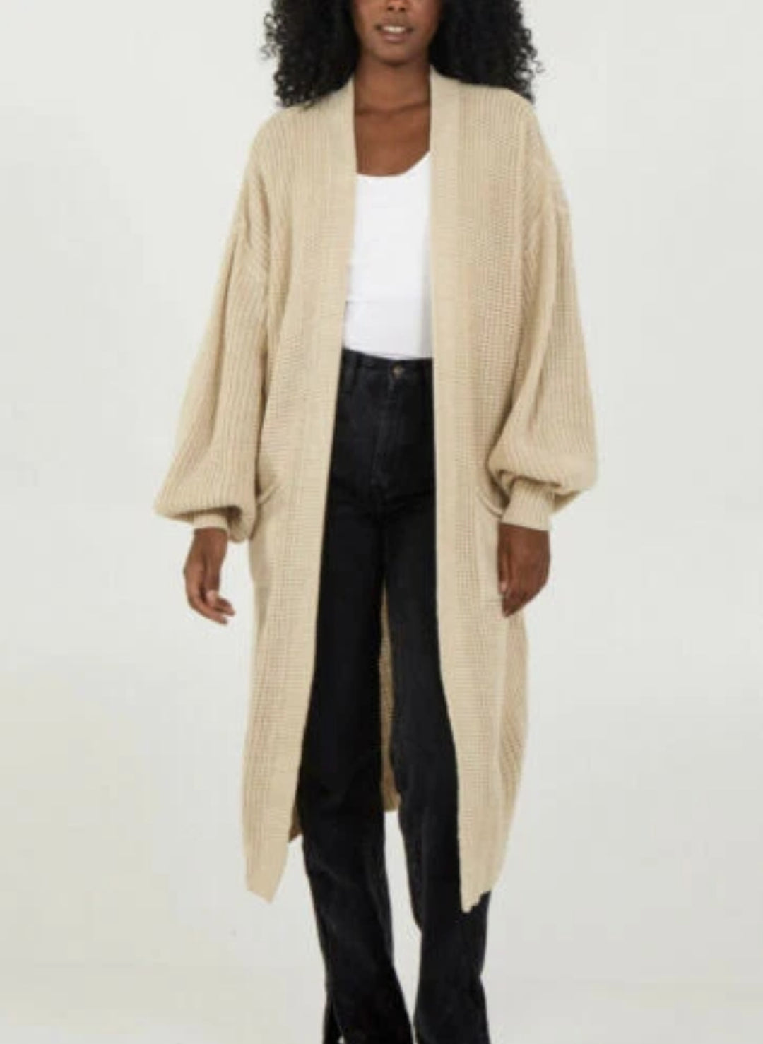 Damen Langer Strickcardigan mit voluminösen Ärmeln und offenem Schnitt Drune