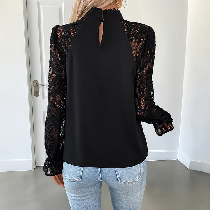 Damen elegante Bluse mit Spitzenärmeln und steigendem Kragen Drune