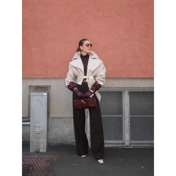 Damen modische Trenchjacke mit breitem Kragen und Taillengürtel Drune