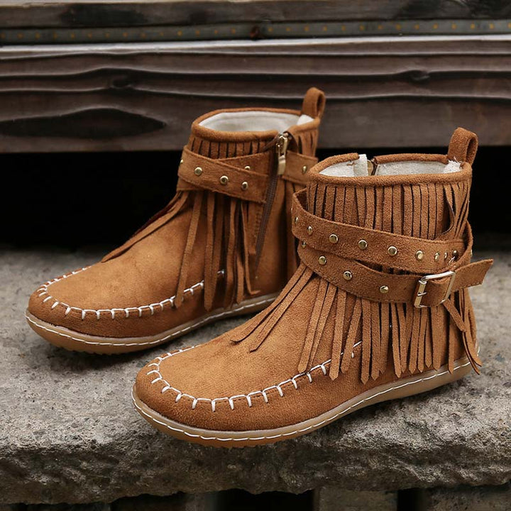 Drune | Boho Stiefelette Mit Fransen Und Schnallen Für Damen